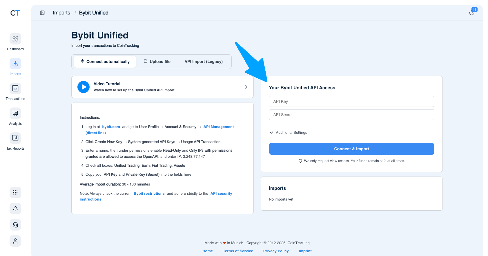 CoinTracking Bybit Unified import page showing Connect automatically tab with API Key and API Secret fields