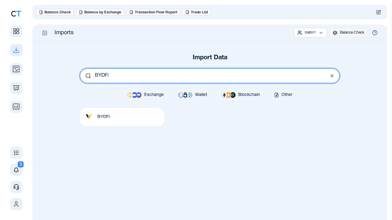 CoinTracking import search showing the BYDFi exchange card after typing BYDFi in the search box