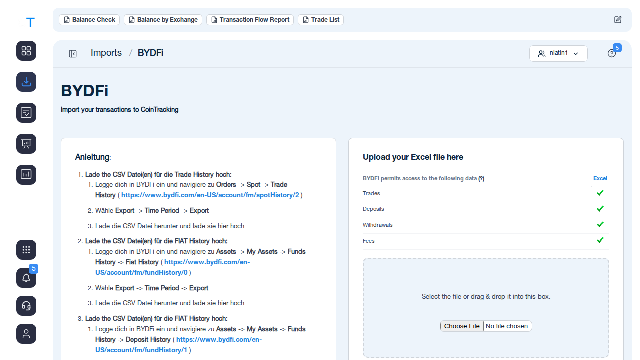 BYDFi CSV import page in CoinTracking with upload instructions and a Choose File button