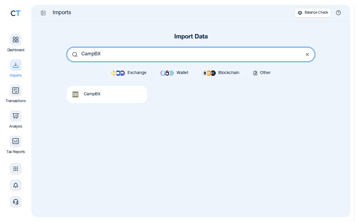 CoinTracking import search showing the CampBX exchange card after typing CampBX in the search box
