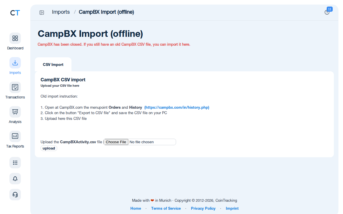 CampBX CSV import page in CoinTracking showing the import instructions and file upload area