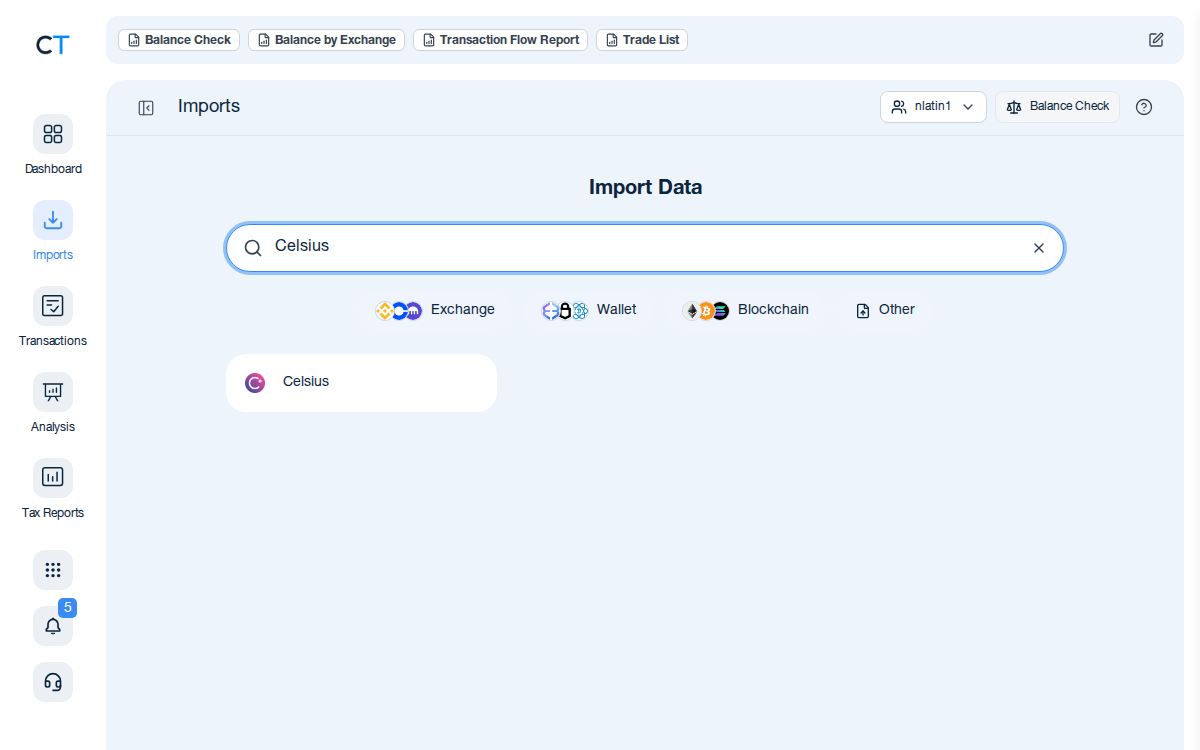 CoinTracking import search showing the Celsius exchange card after typing Celsius in the search box