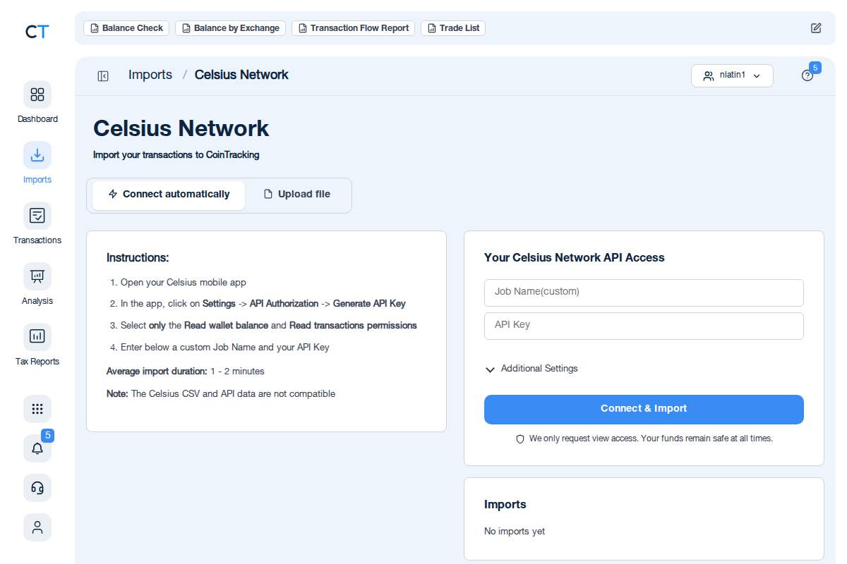 Celsius CSV import page in CoinTracking showing the import instructions and file upload area