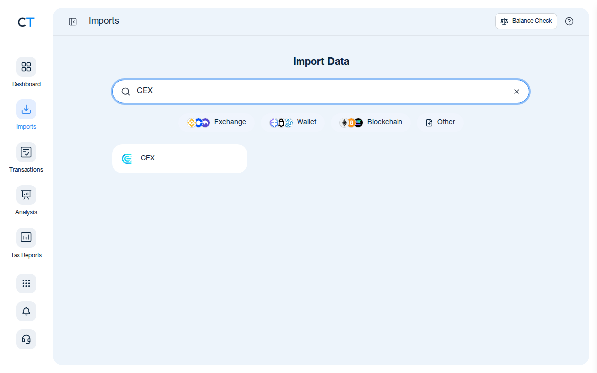 CoinTracking import search showing the CEX.IO exchange card after typing CEX in the search box