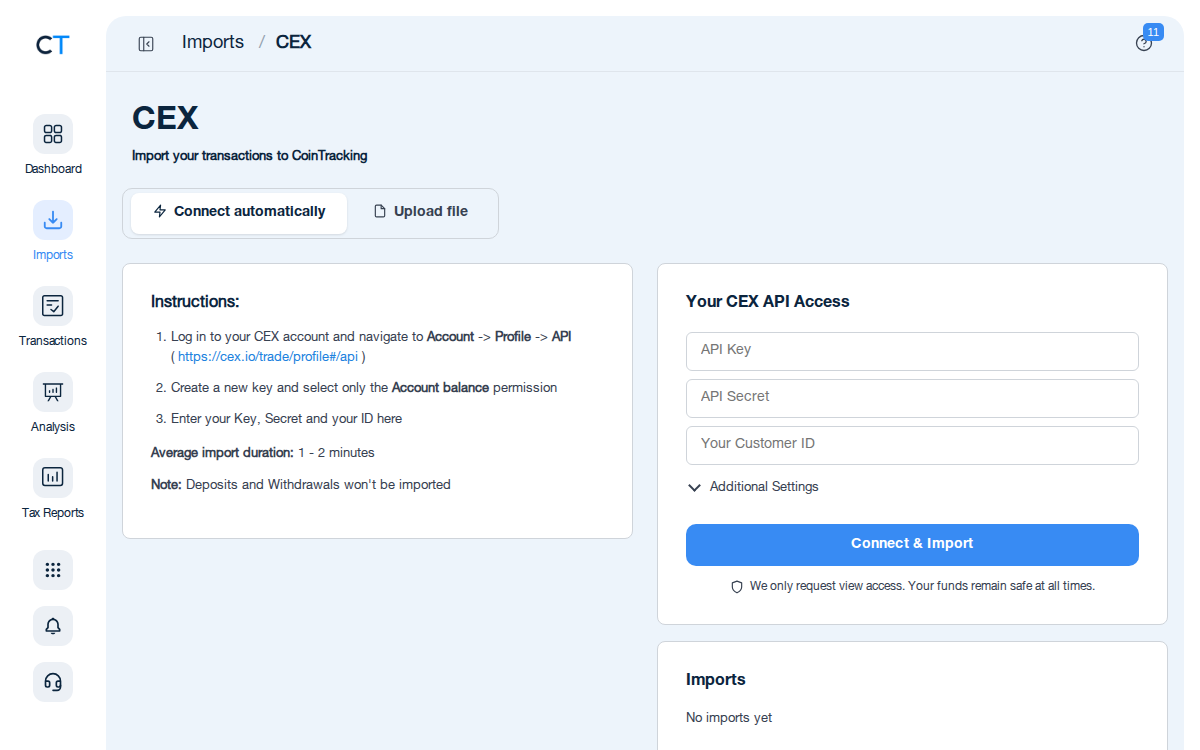 CEX.IO CSV import page in CoinTracking showing the import instructions and file upload area