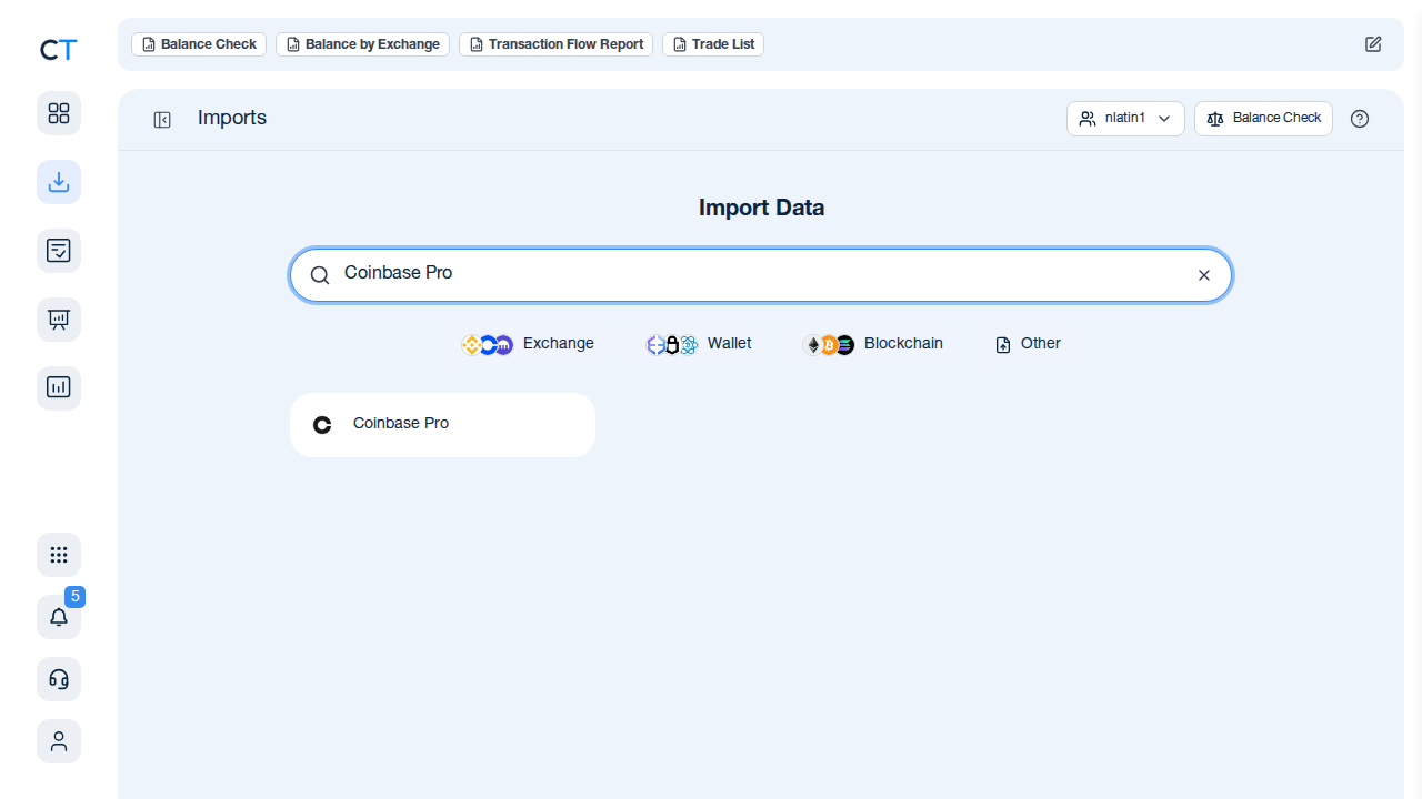 CoinTracking import search showing Coinbase Pro option