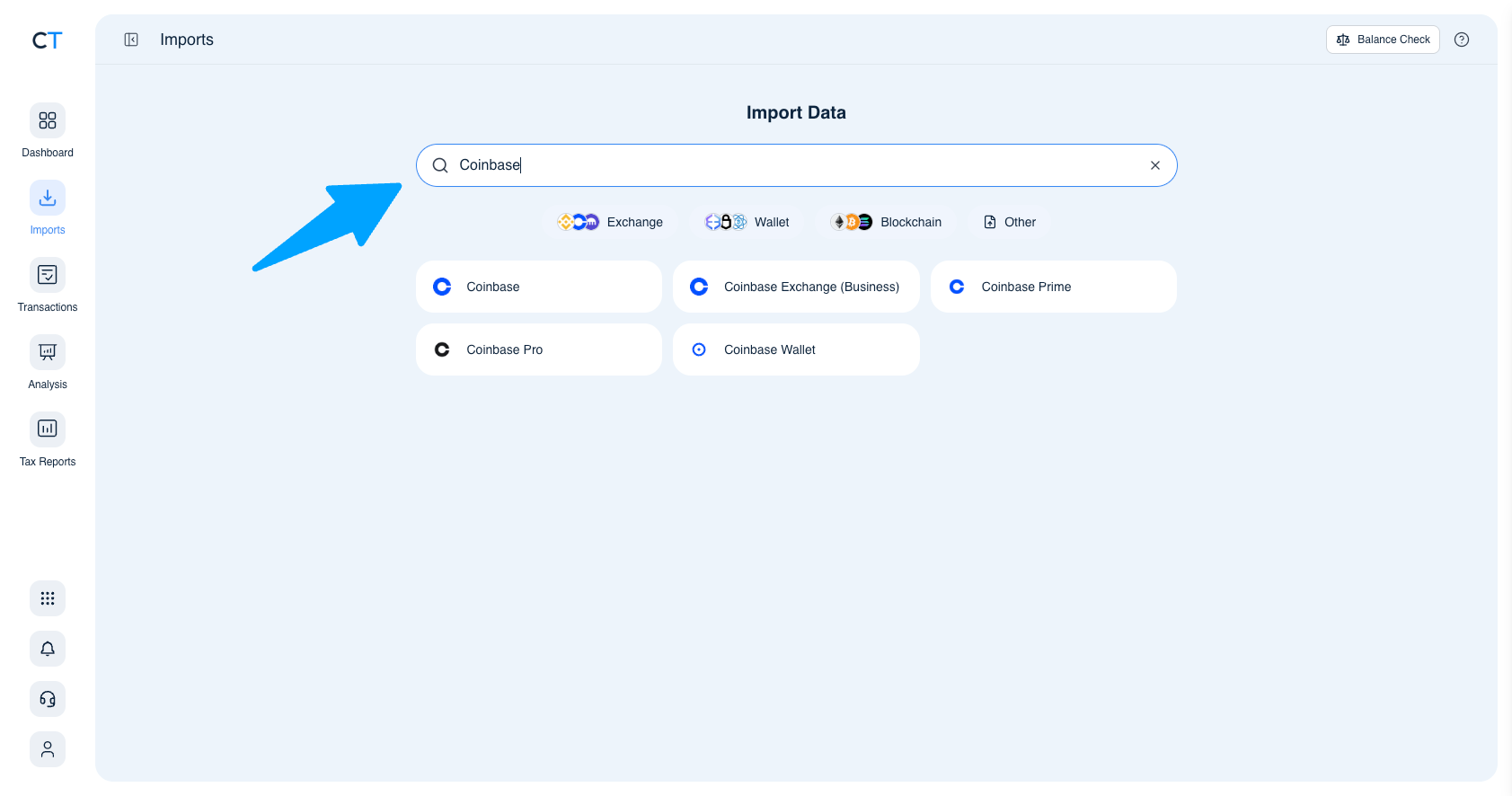CoinTracking Import search showing Coinbase, Coinbase Exchange Business, Coinbase Prime, Coinbase Pro and Coinbase Wallet results
