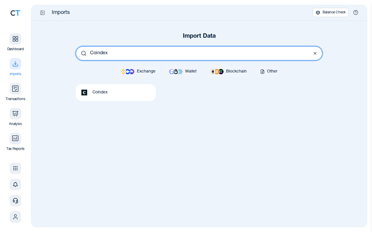 CoinTracking import search showing Coindex in the results