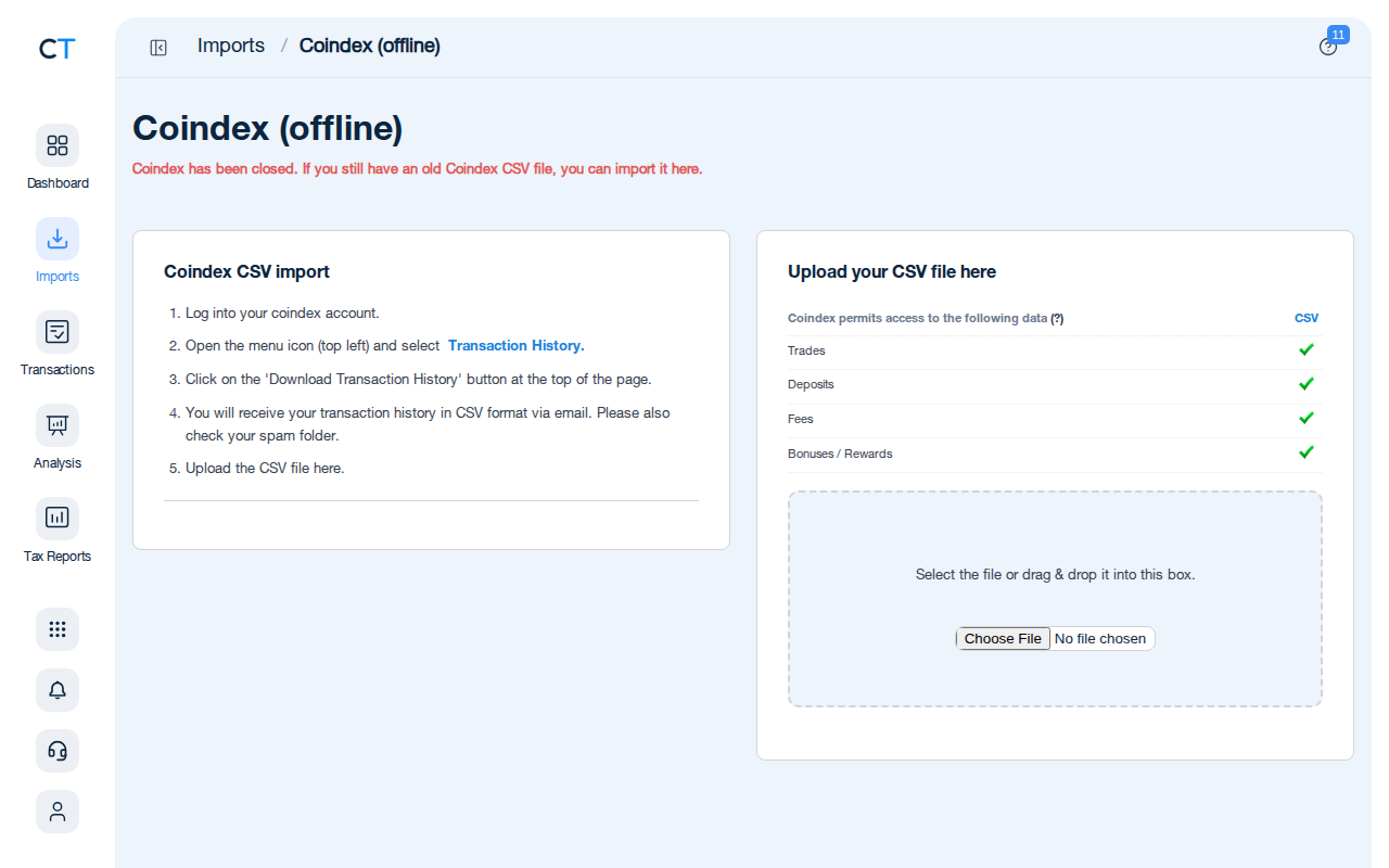 Coindex import page in CoinTracking showing CSV upload instructions