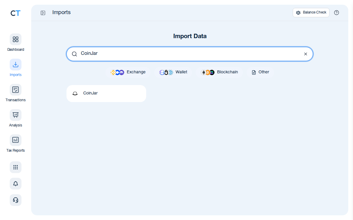 CoinTracking import search showing the CoinJar exchange card after typing CoinJar in the search box