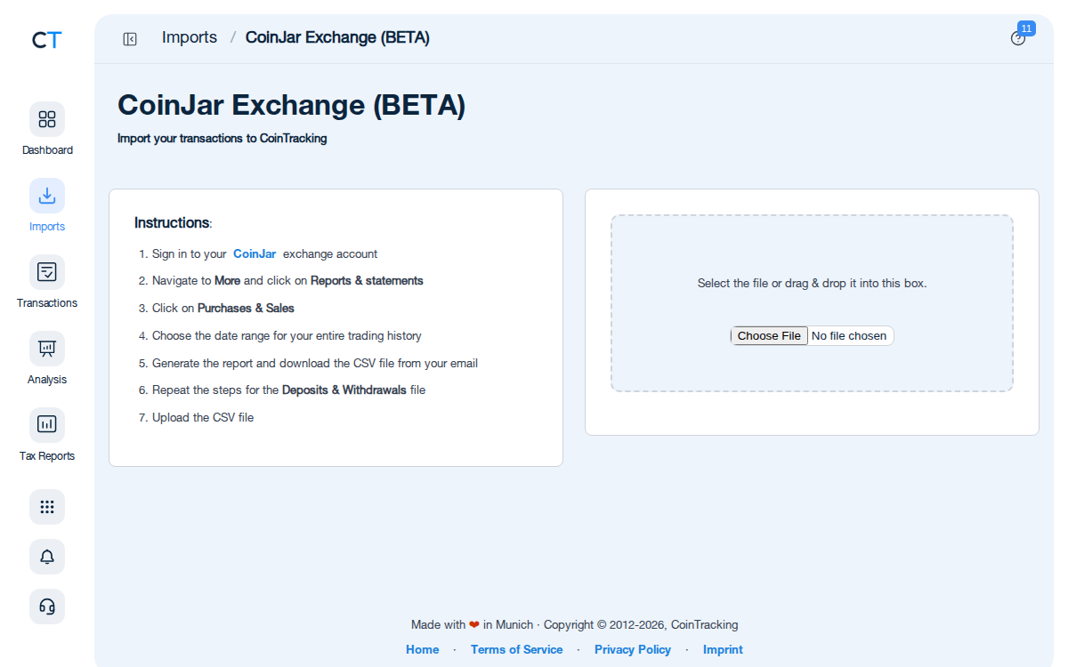 CoinJar CSV import page in CoinTracking showing the import instructions and file upload area