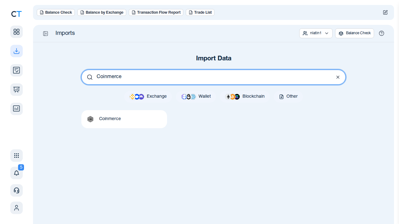 CoinTracking import search showing Coinmerce in the results