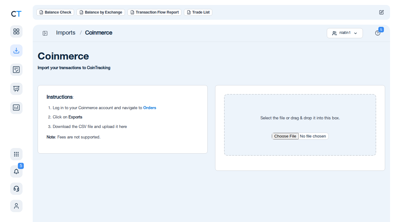 Coinmerce import page in CoinTracking showing CSV upload area and instructions