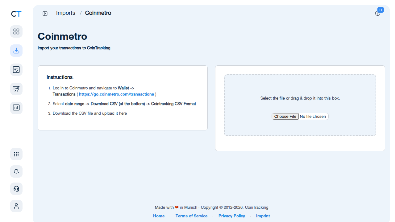 Coinmetro import page in CoinTracking showing CSV upload area and instructions