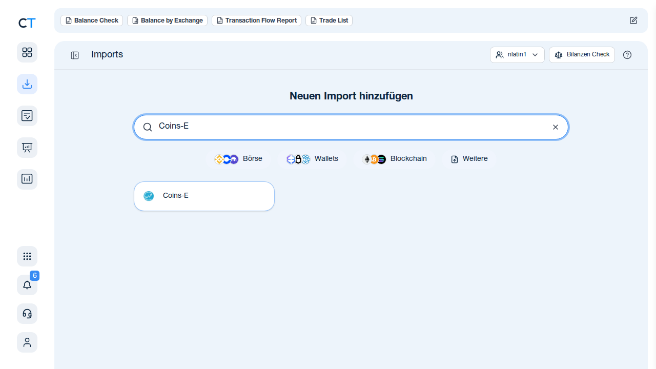 CoinTracking import search showing Coins-E result