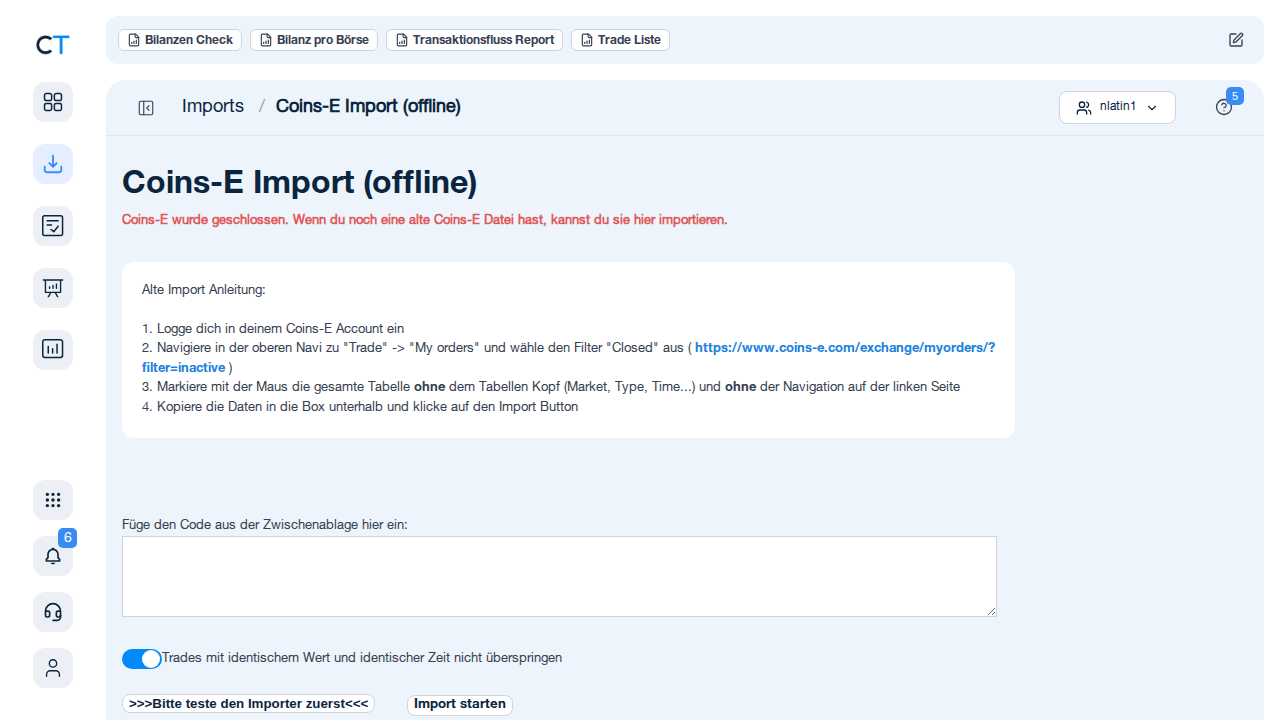 Coins-E import page in CoinTracking showing historical data import field