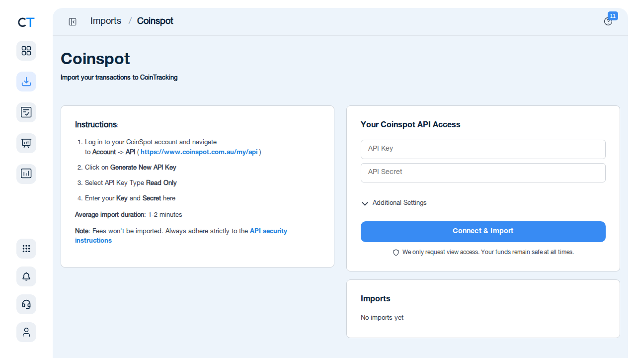 CoinSpot import page in CoinTracking showing API key entry fields