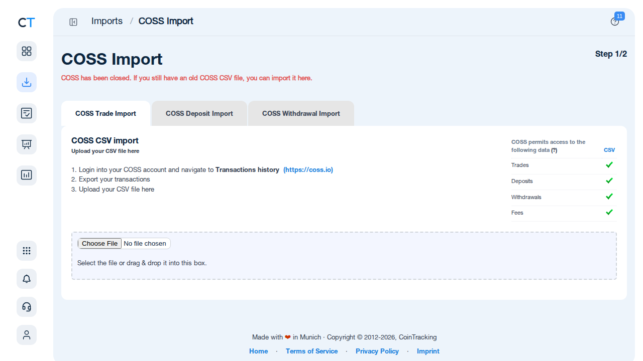 Coss import page in CoinTracking showing CSV upload field