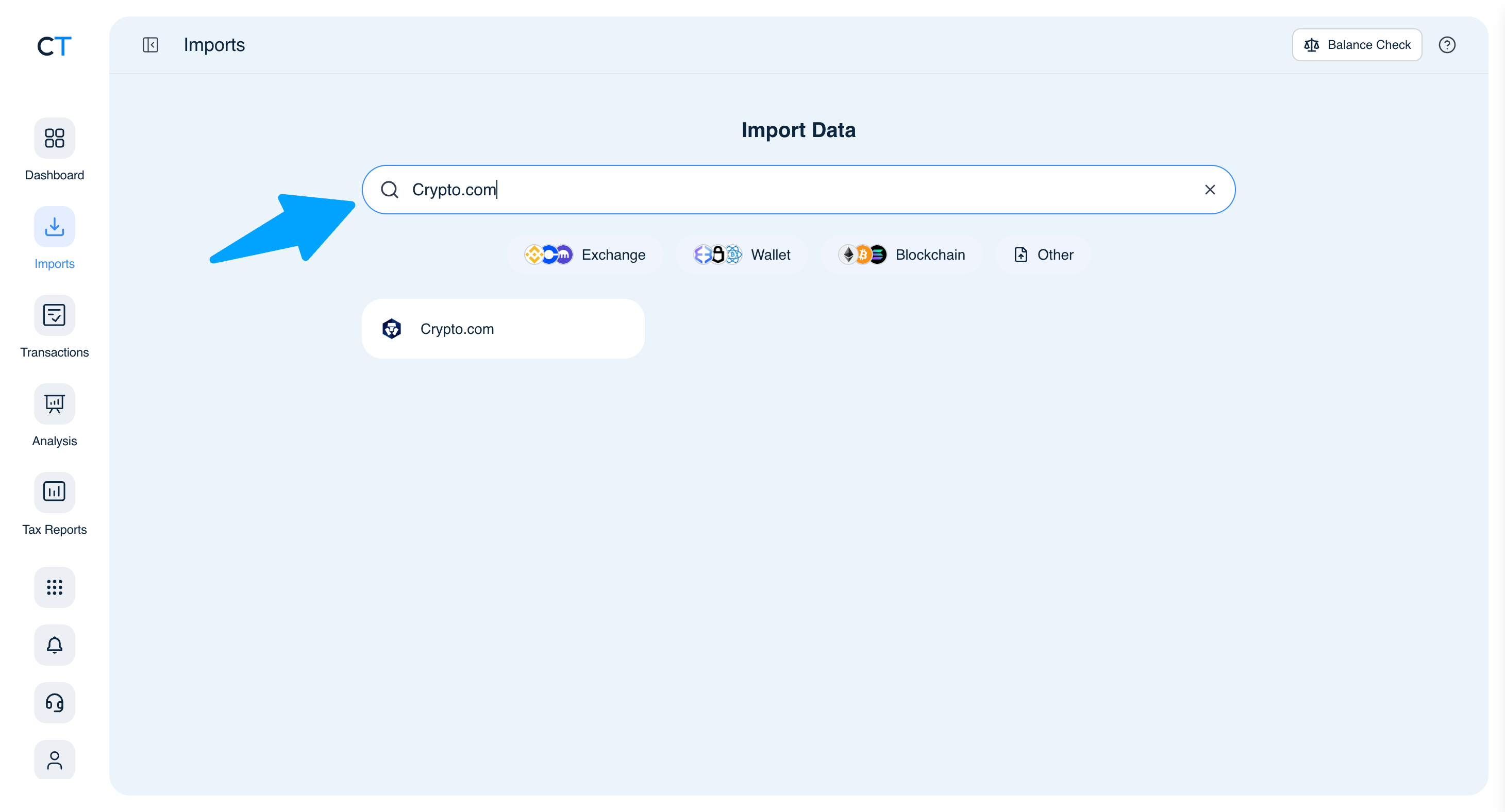 CoinTracking Import search showing Crypto.com result