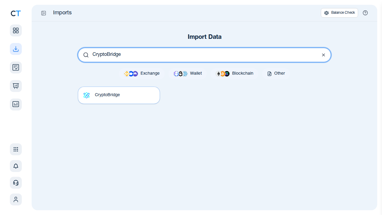 CoinTracking import search showing CryptoBridge result