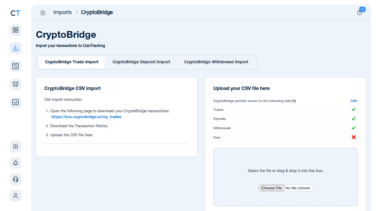 CryptoBridge import page in CoinTracking showing CSV upload field