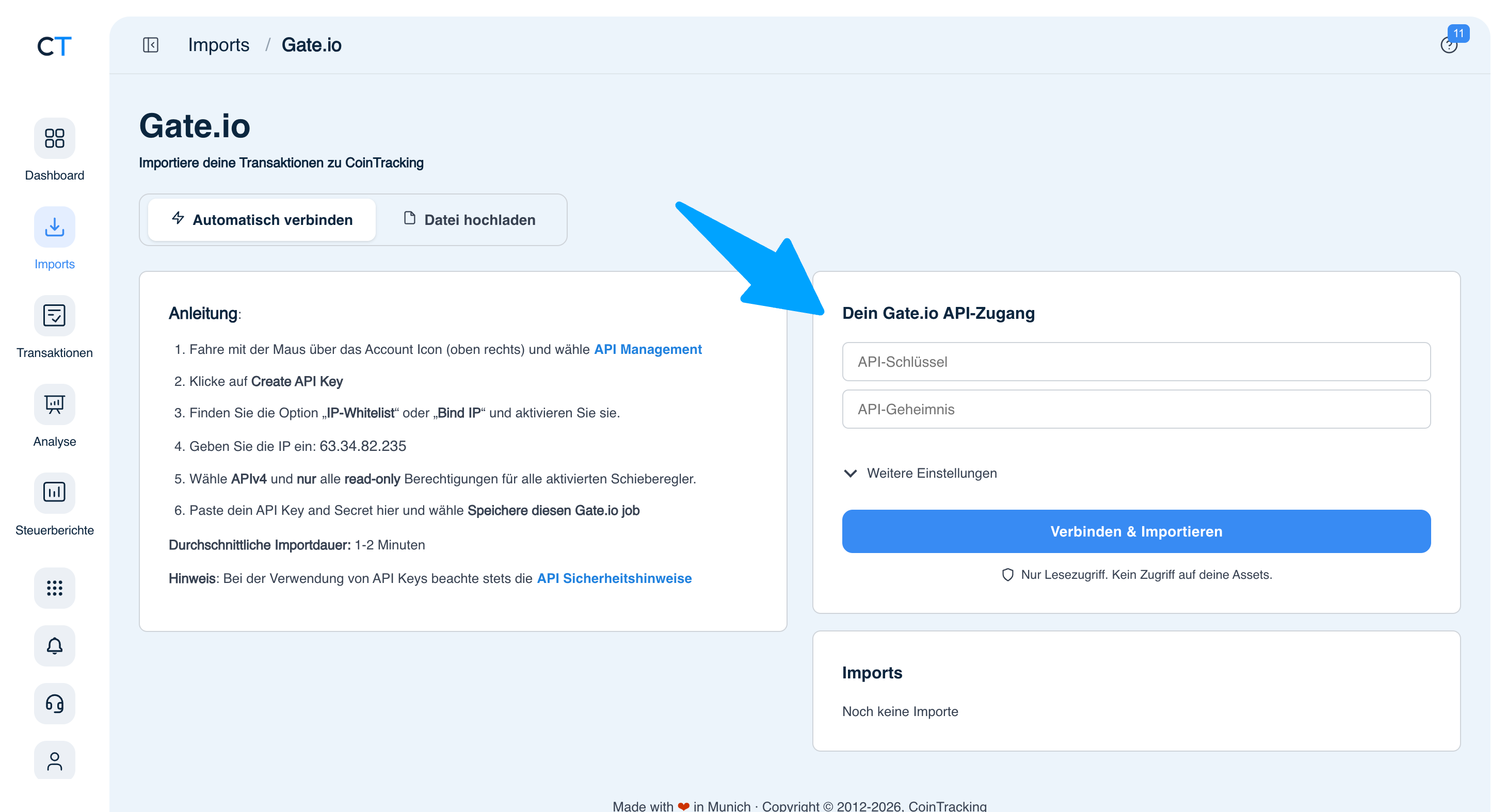 CoinTracking Gate.io Import mit API-Schlüssel und API-Geheimnis Feldern und Verbinden-Button