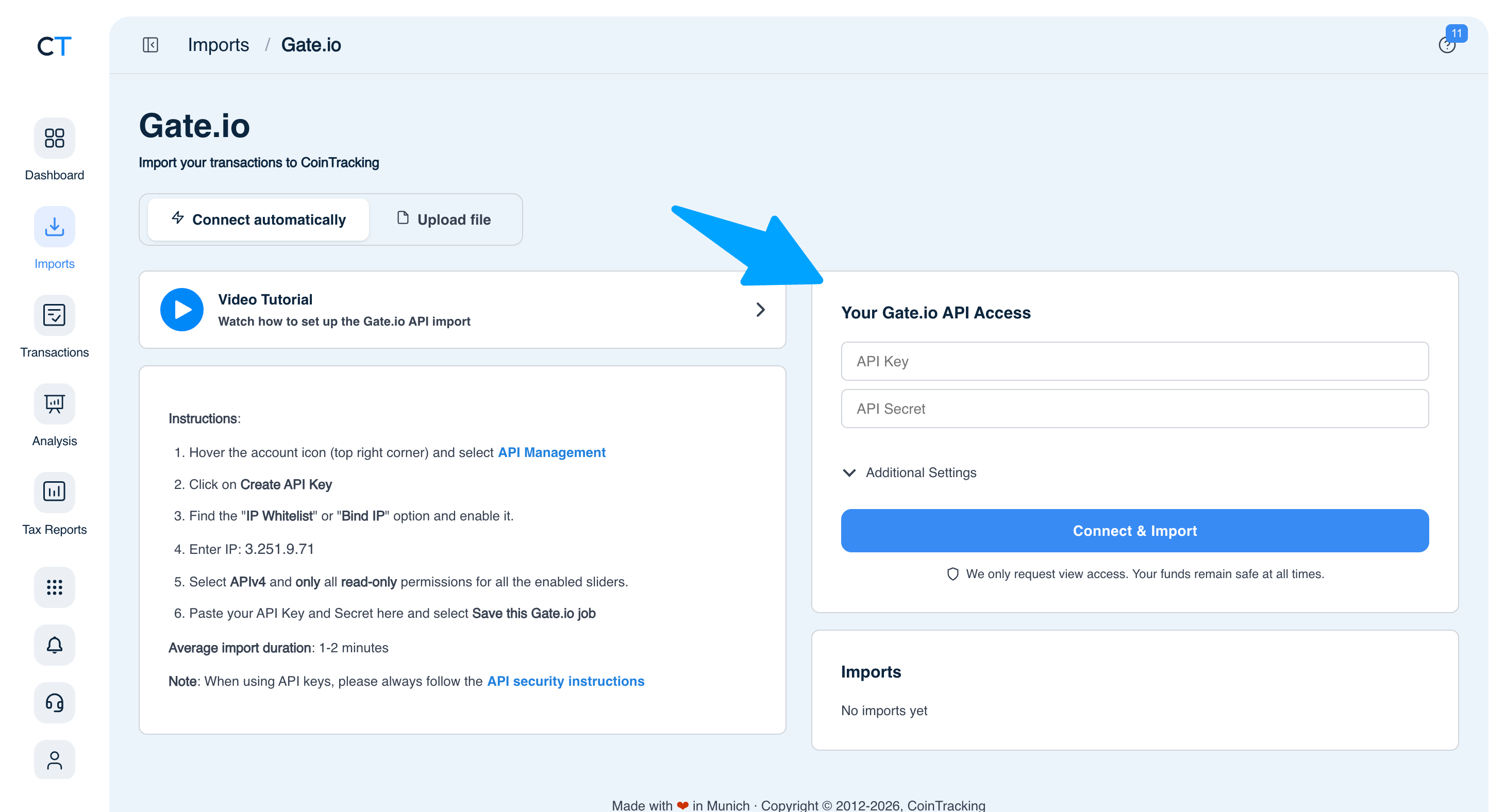 CoinTracking Gate.io import page showing Connect automatically tab with API Key and API Secret fields