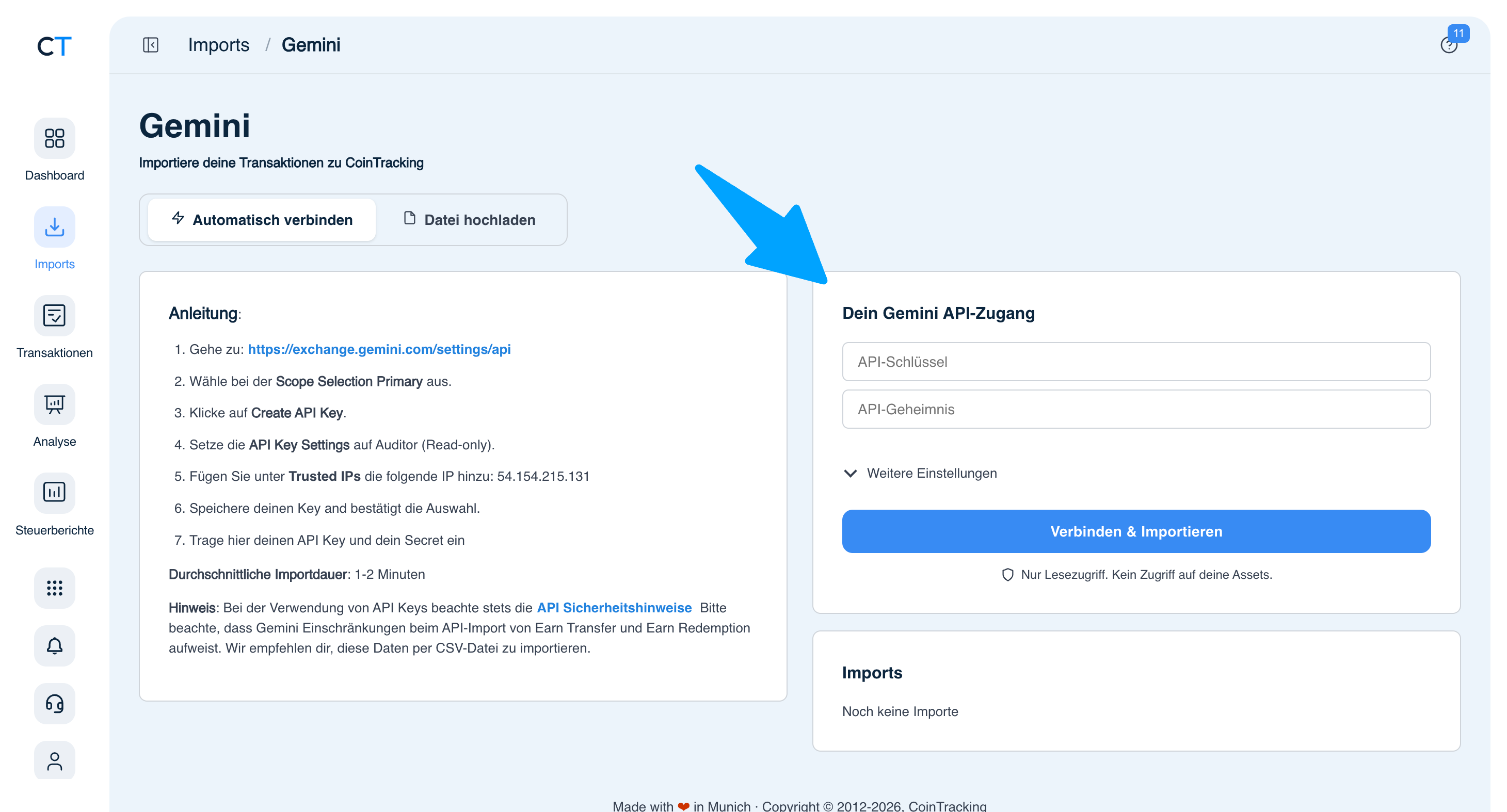 CoinTracking Gemini Import mit API-Schlüssel und API-Geheimnis Feldern und Verbinden-Button