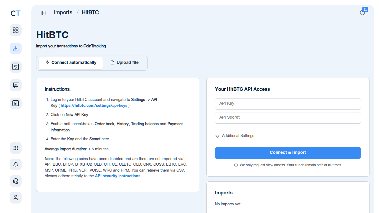 HitBTC import page in CoinTracking showing API key connection form