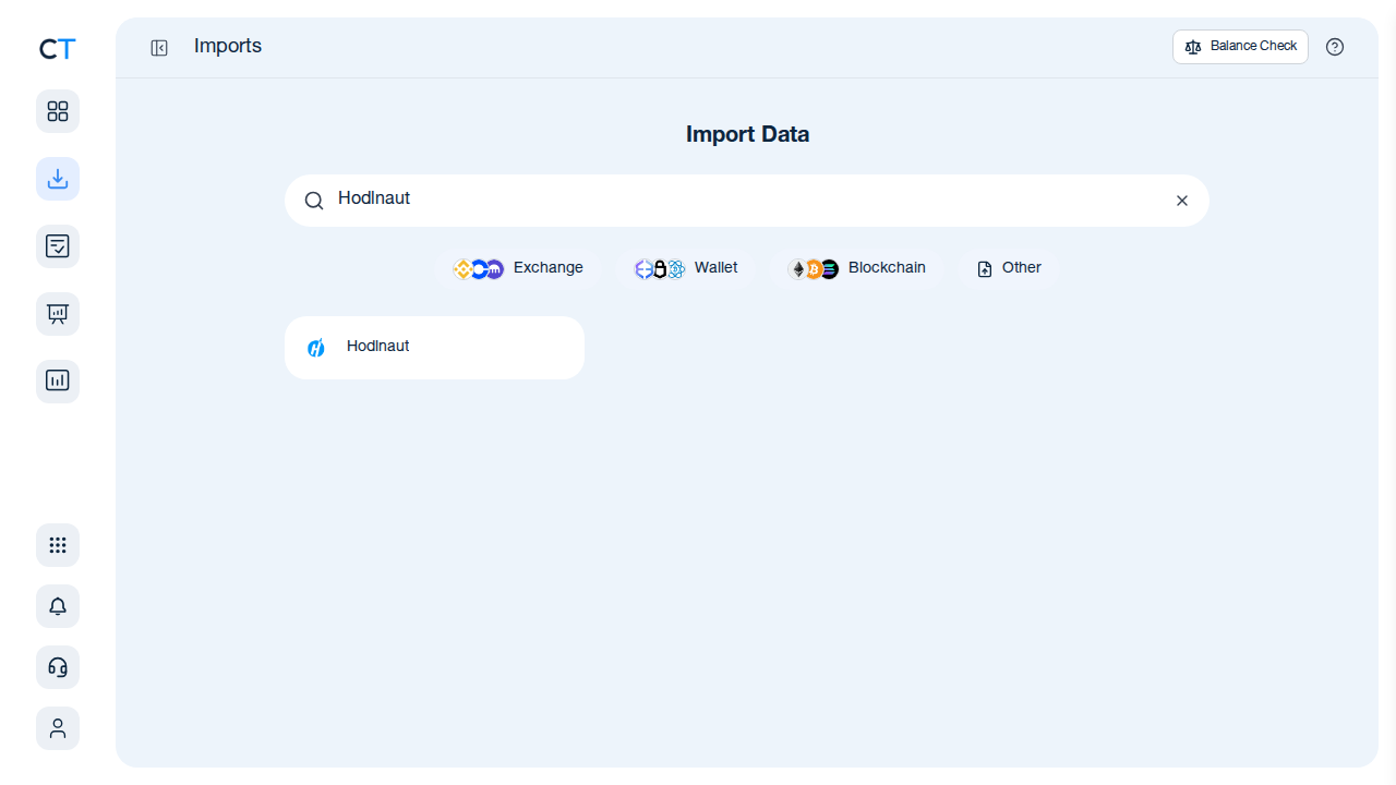 CoinTracking import search showing Hodlnaut result