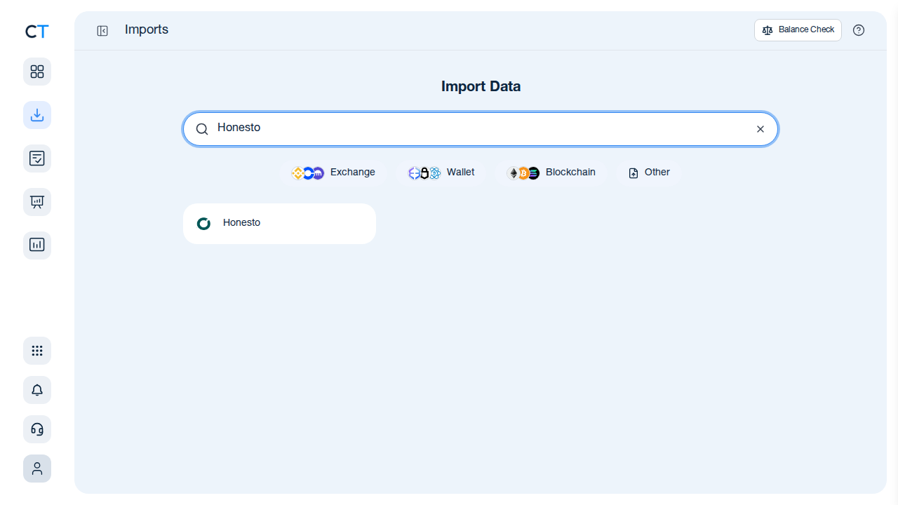 CoinTracking import search showing Honesto in the results