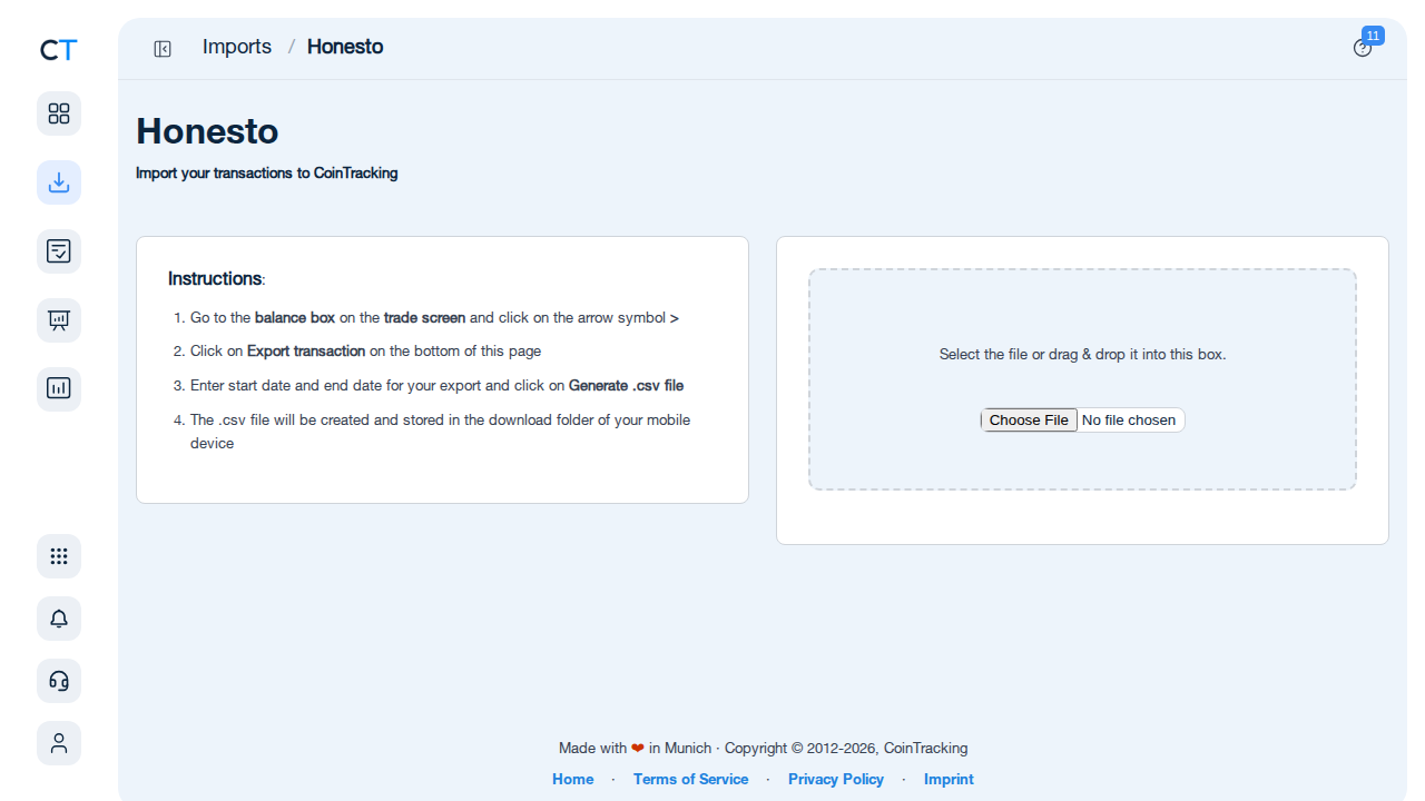 Honesto import page in CoinTracking showing CSV upload area and instructions