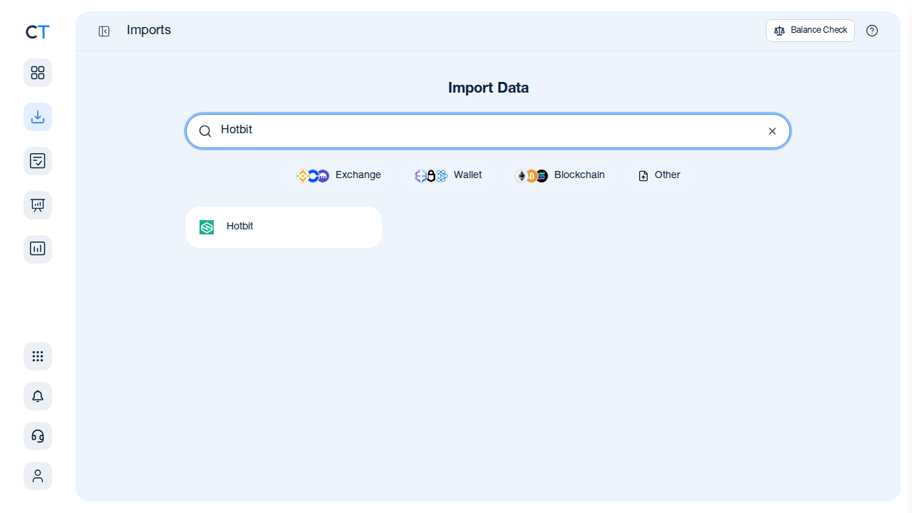 CoinTracking import search showing Hotbit exchange option