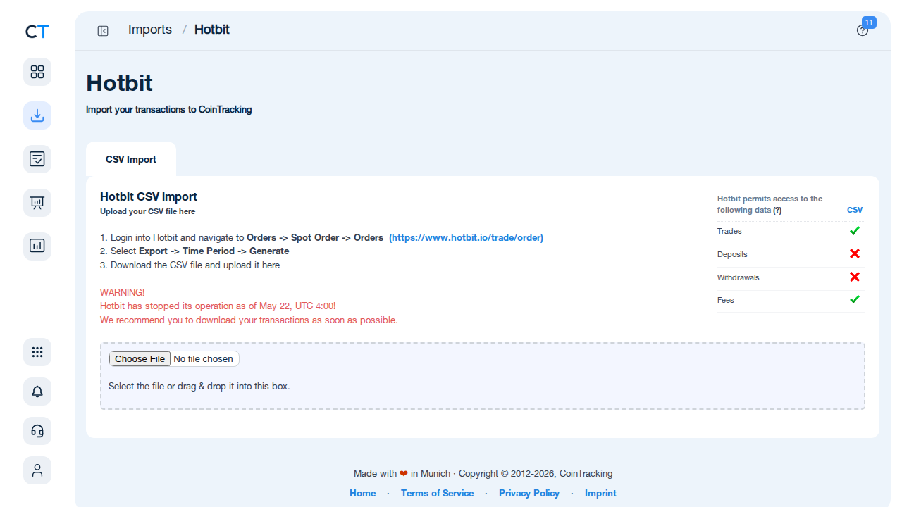 Hotbit import page in CoinTracking showing CSV upload field