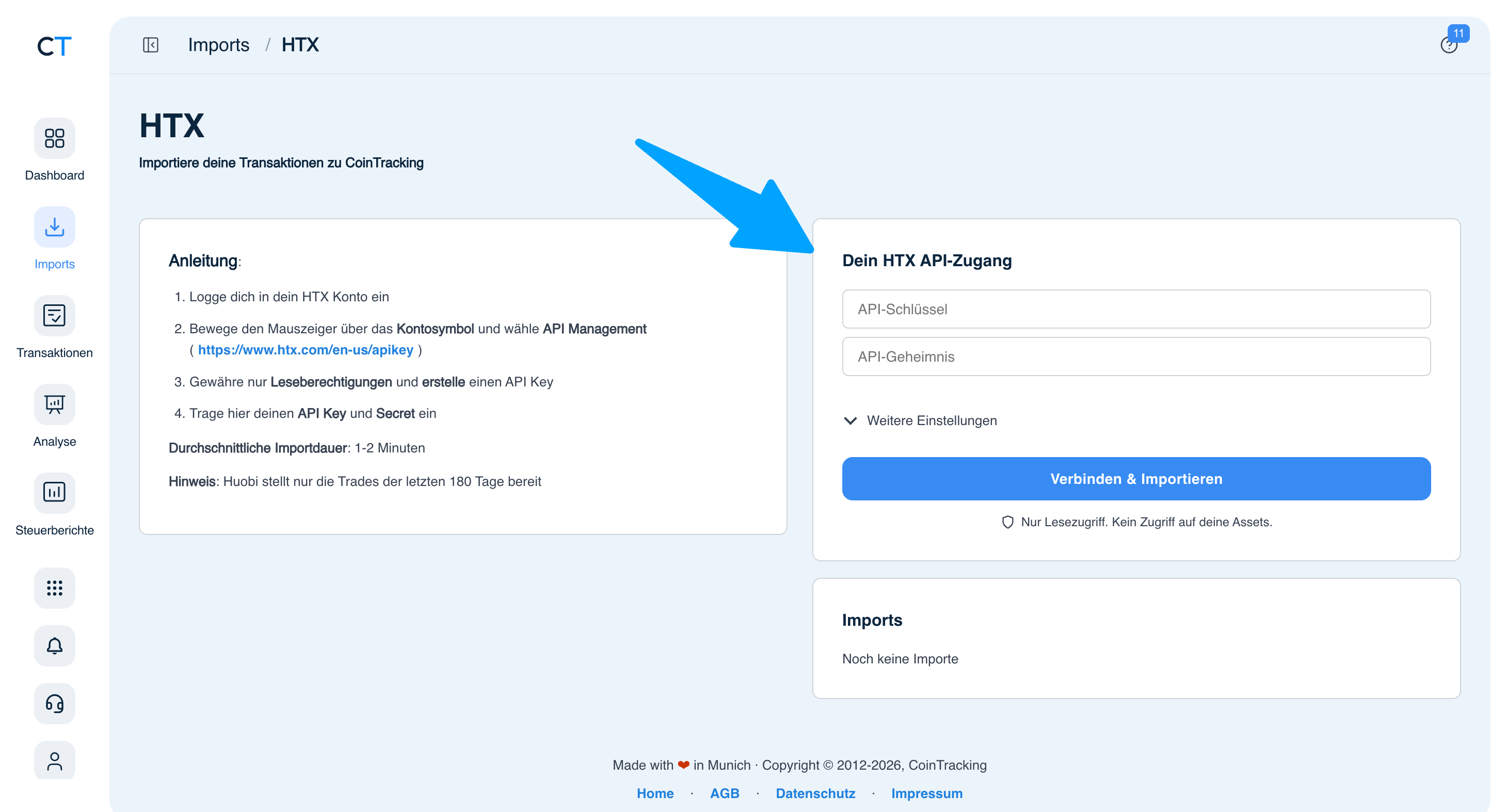 CoinTracking HTX Import mit API-Schlüssel und API-Geheimnis Feldern und Verbinden-Button