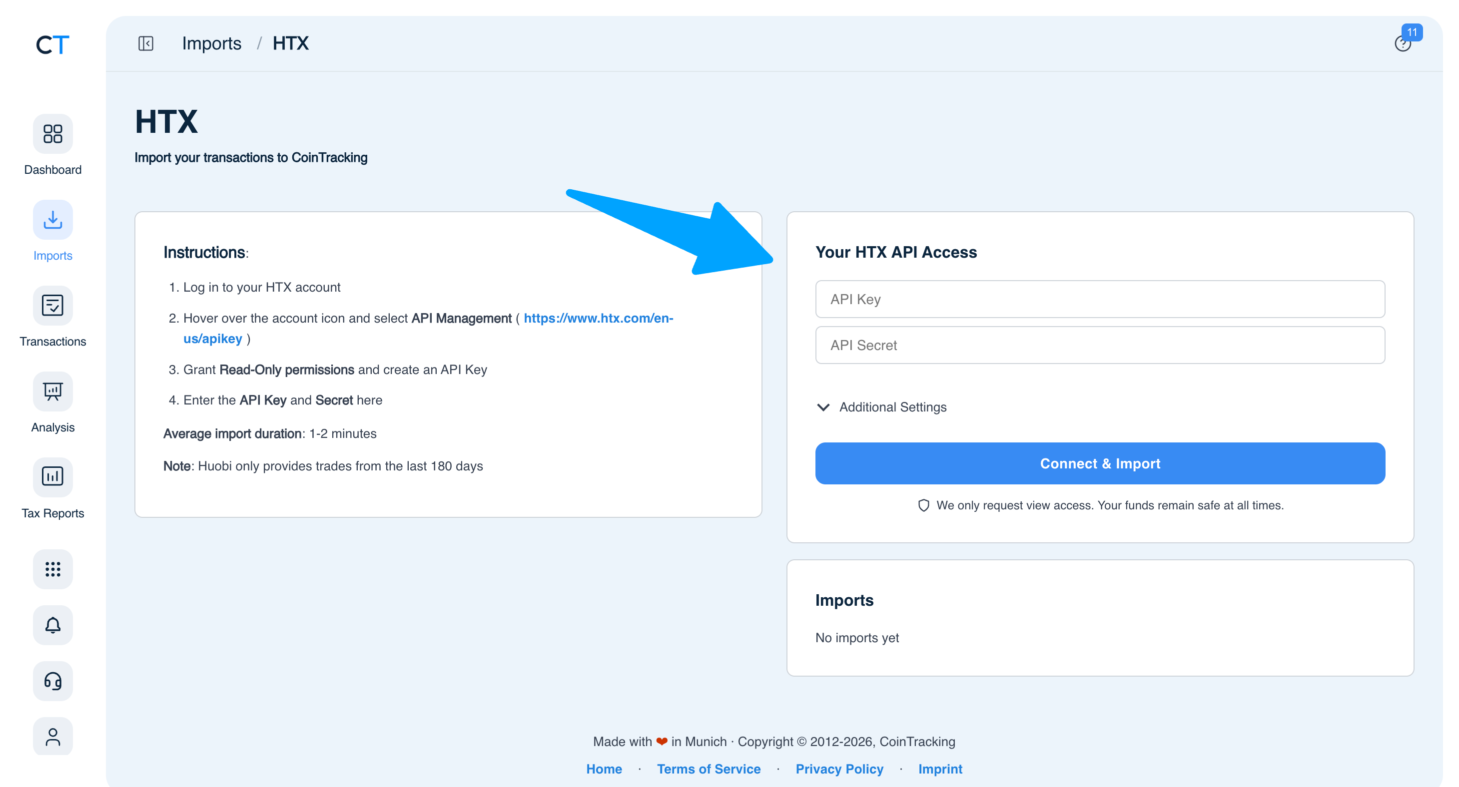 CoinTracking HTX import page showing Connect automatically tab with API Key and API Secret fields