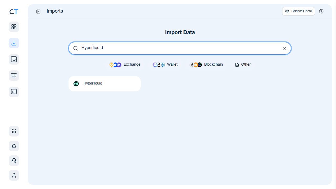 CoinTracking import search showing Hyperliquid exchange option