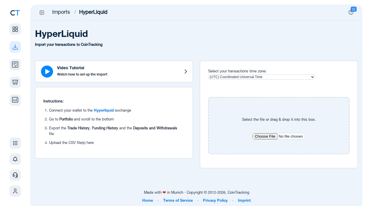 Hyperliquid import page in CoinTracking showing CSV upload area