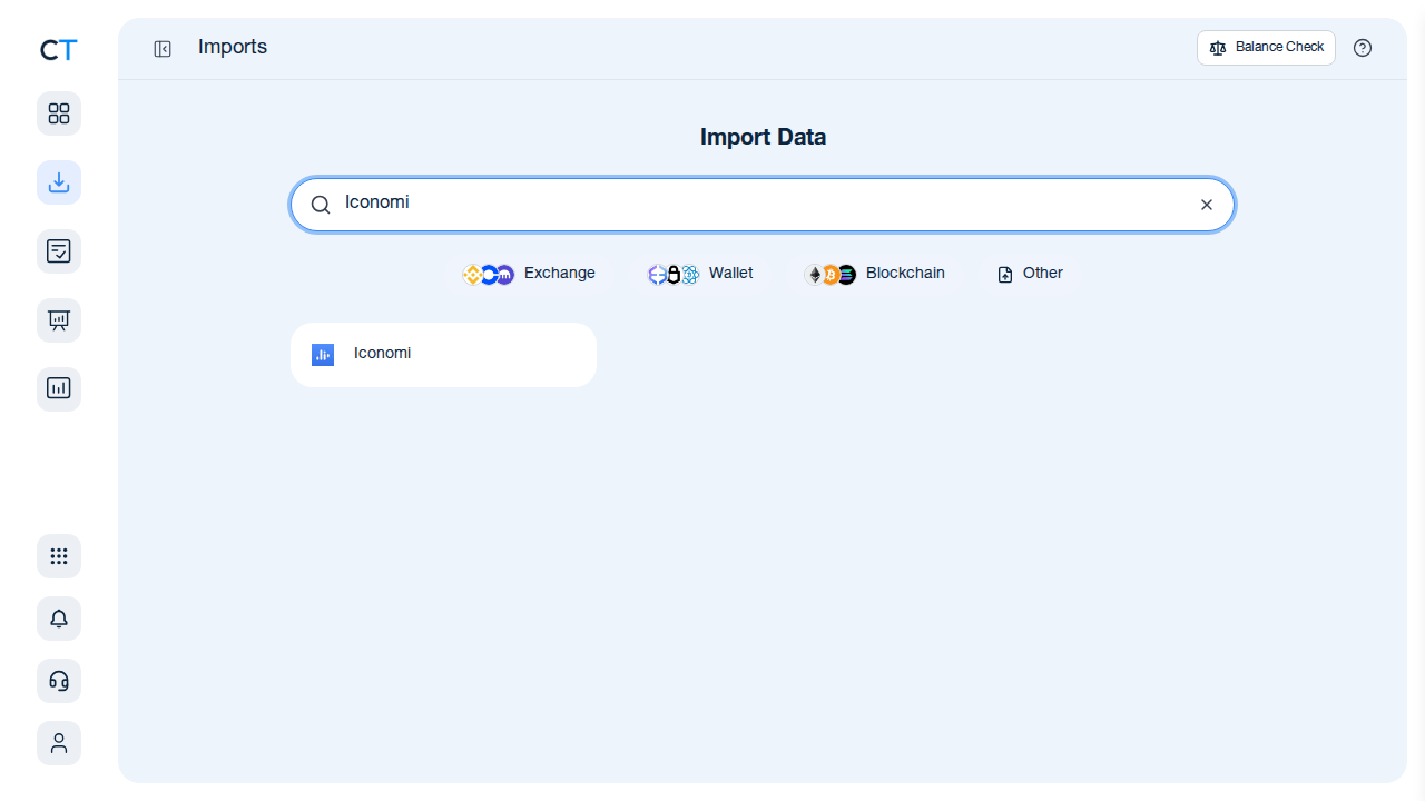 CoinTracking import search showing Iconomi in the results