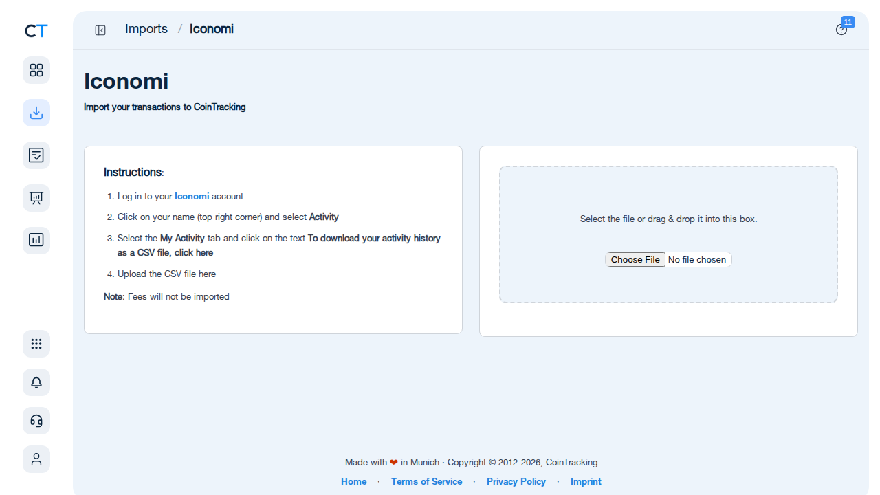 Iconomi import page in CoinTracking showing CSV upload area and instructions