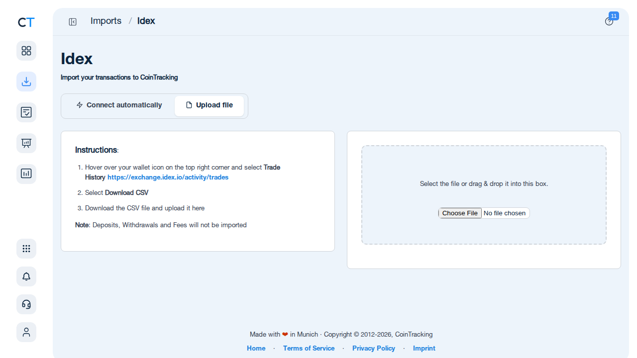 Idex import page in CoinTracking showing API connection and CSV upload options