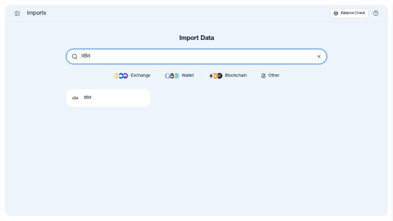 CoinTracking import search showing itBit exchange option