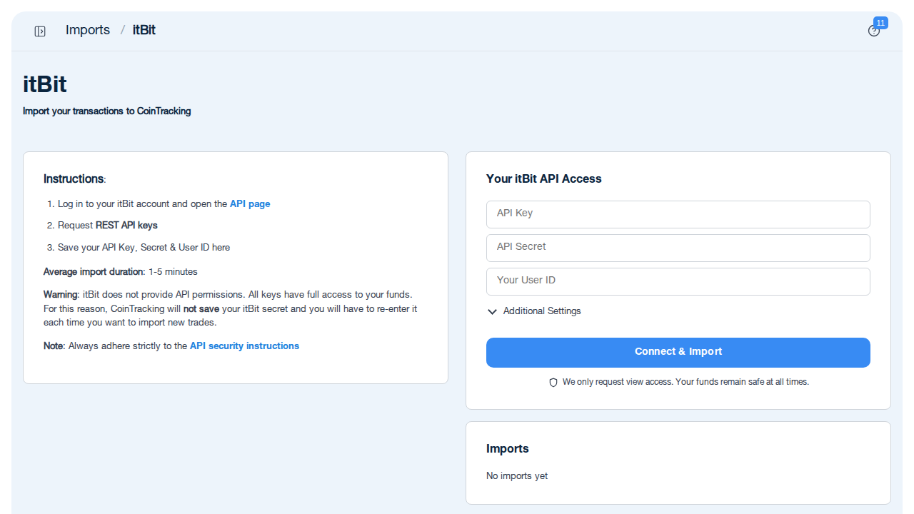 itBit API import page in CoinTracking showing API Key, API Secret and User ID fields