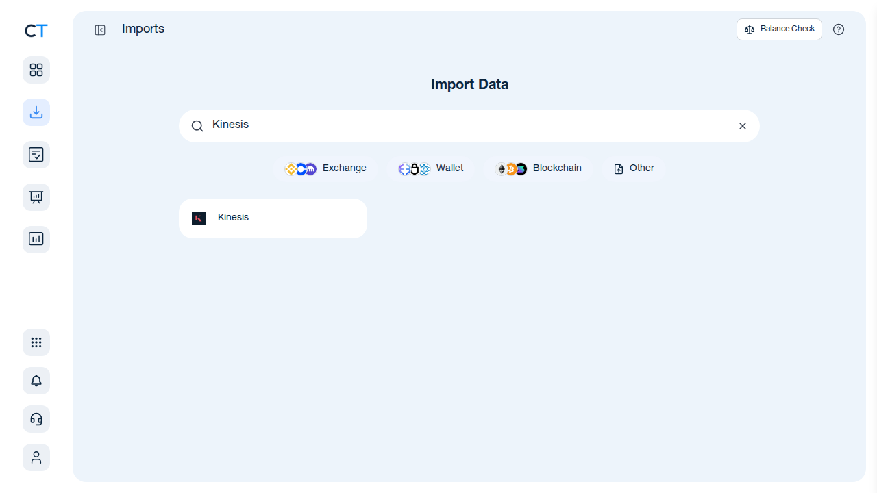 CoinTracking import search showing Kinesis exchange option