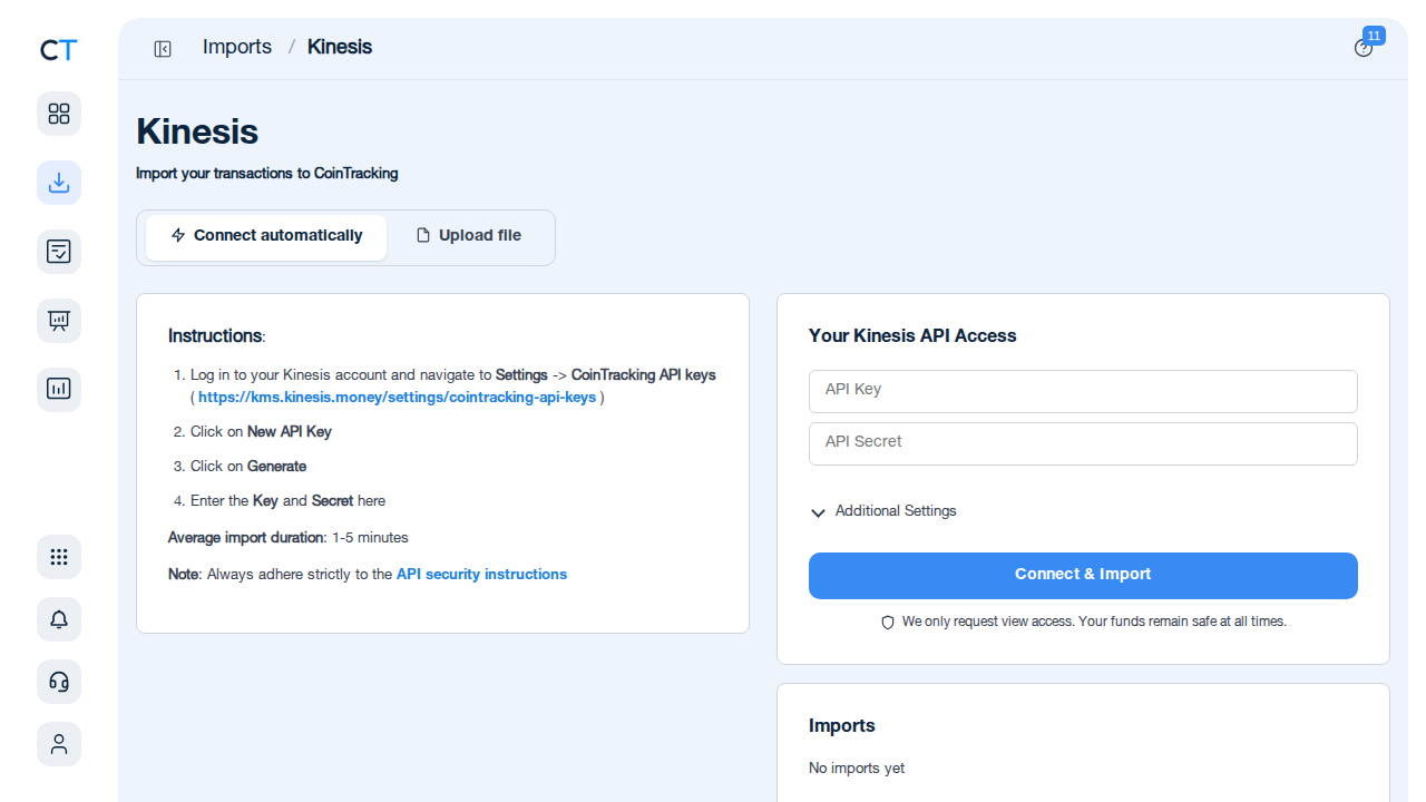 Kinesis import page in CoinTracking showing API connection and CSV upload options
