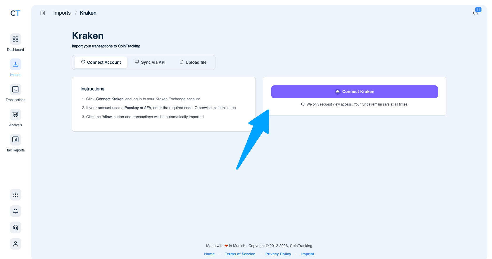 CoinTracking Kraken Import mit den Tabs Konto verbinden, Sync über API und Datei hochladen