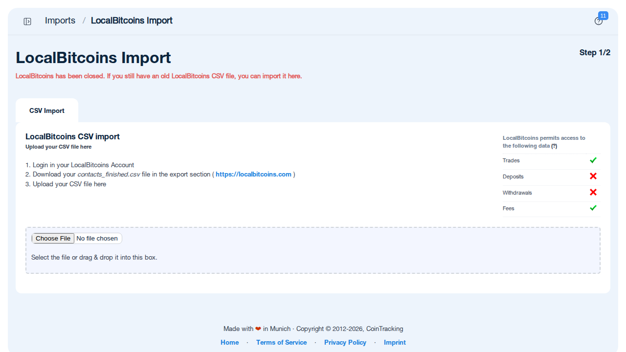 LocalBitcoins import page in CoinTracking showing CSV upload field