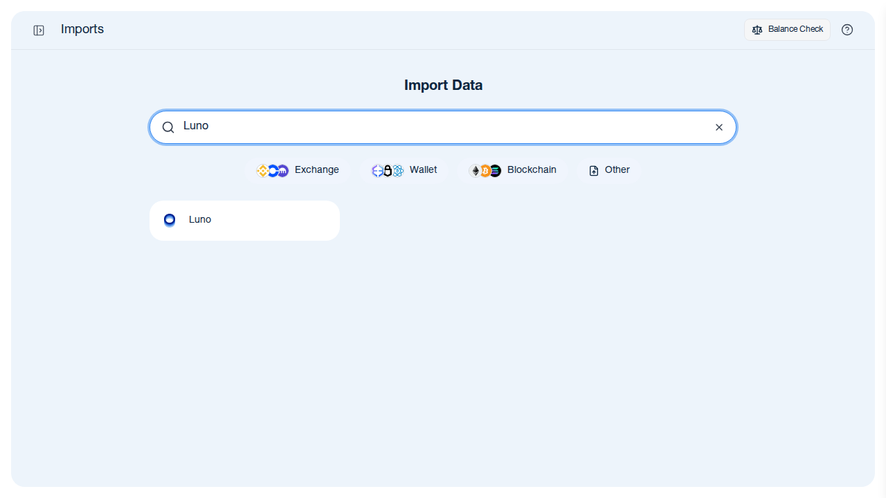 CoinTracking import search showing Luno exchange option