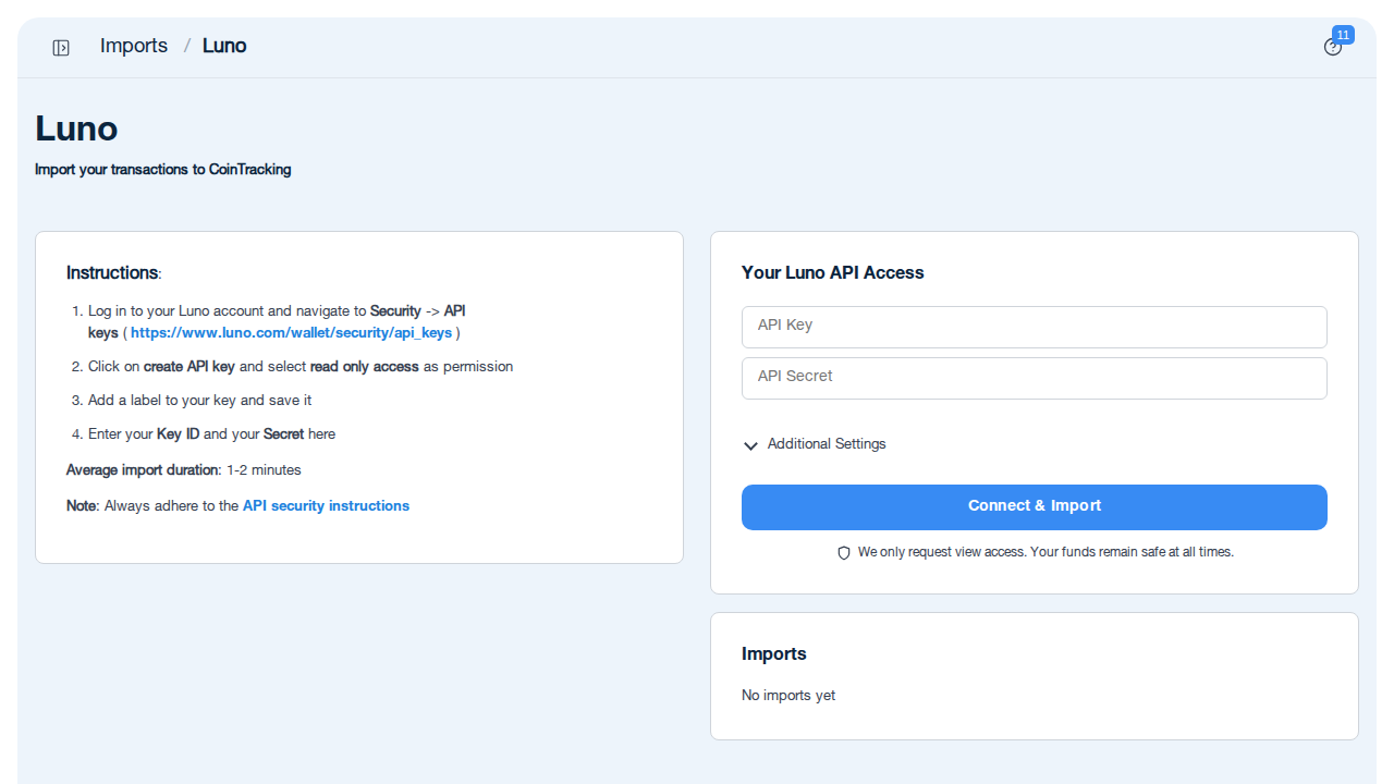 Luno API import page in CoinTracking showing API Key and API Secret input fields