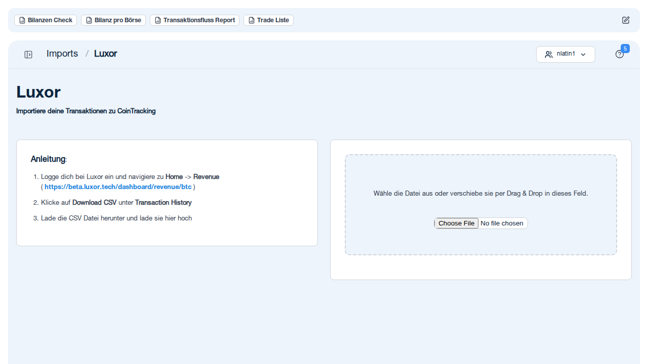 CoinTracking import search showing Luxor mining pool option